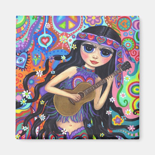 Aimant Psychédélique Hippie Mermaid fille avec la paix gu (Devant)