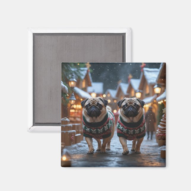 Aimant Pug Dogs Christmas Snow Holiday (Recto/Verso)