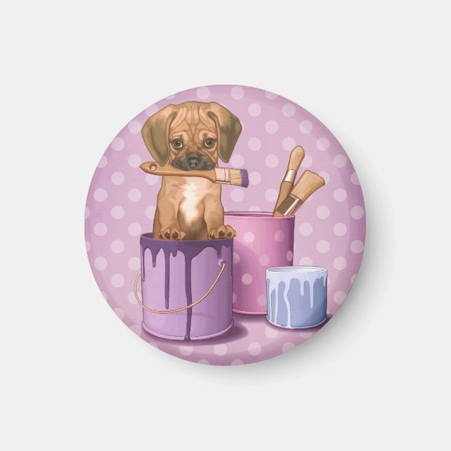 Aimant Puggle chiot en pot de peinture (Devant)