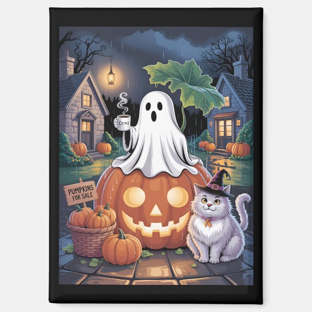 Aimant Pumpkins For Sale & Caffeine Ghost With Cat  (Recto)
