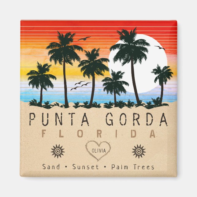 Aimant Punta Gorda Florida Retro Sunset Palm tree 1960 (Devant)