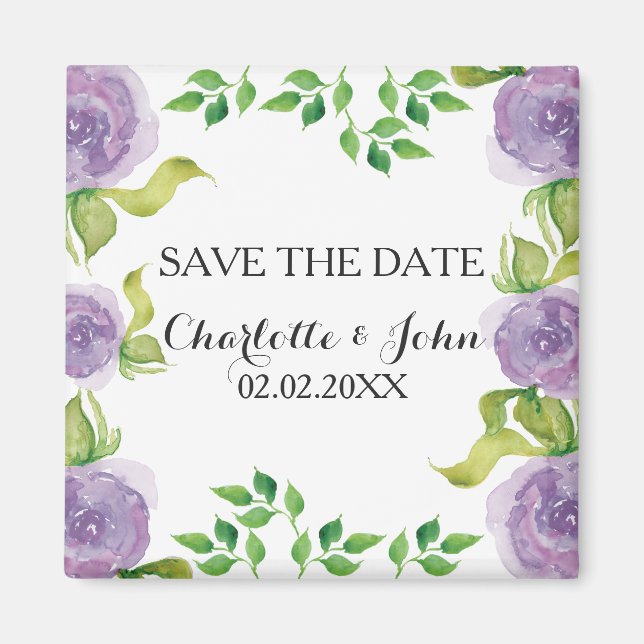 Aimant Purple aquarelle floral enregistrer la date (Devant)