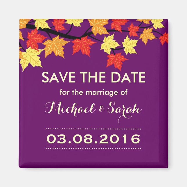 Aimant Purple Enregistrer La Date Maple Automne Mariage M (Devant)