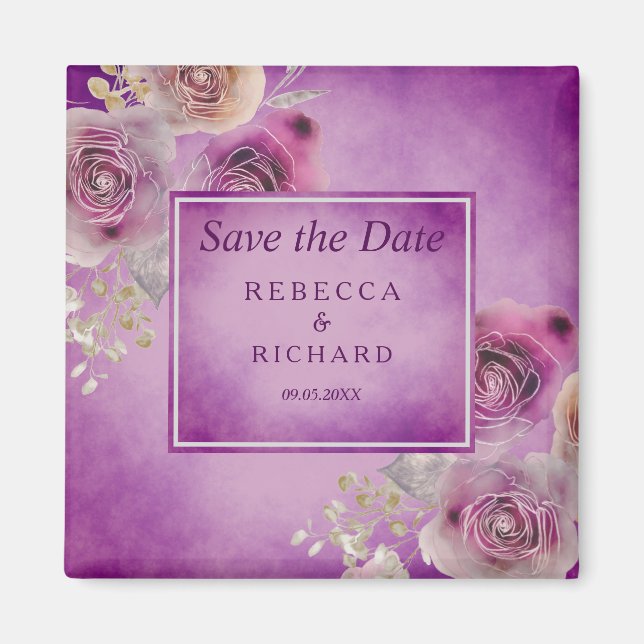Aimant Purple Floral Enregistrer la date (Devant)