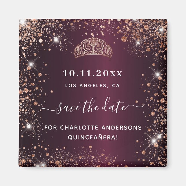 Aimant Quinceanera Bourgogne tiara rose or enregistrer la (Devant)