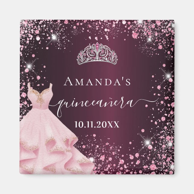 Aimant Quinceanera robe de tiare rose bordeaux (Devant)