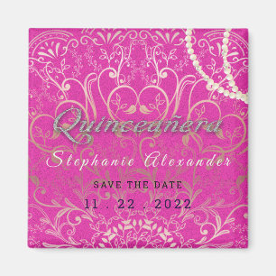 Aimant Quinceanera rose chaud Enregistrer la date perles,