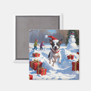Aimant Rat Terrier Courir en neige avec Casquette de Noël