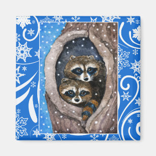 Aimant Ratons laveurs mignons, neige, nature d'hiver de