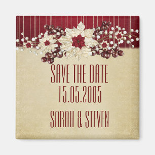Aimant Red Christmas Star Damask Gold Enregistrer la date