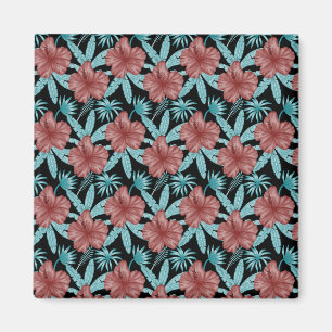 Aimant Red flowers tropical seamless pattern &blue leaves