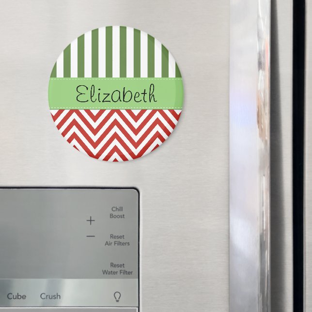 Aimant Red Zigzag, Chevron, Green Stripes, Votre Nom (In situ (réfrigérateur))