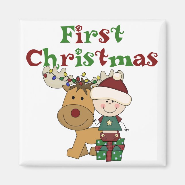 Aimant Reindeer Premiers T-shirts et cadeaux de Noël (Devant)