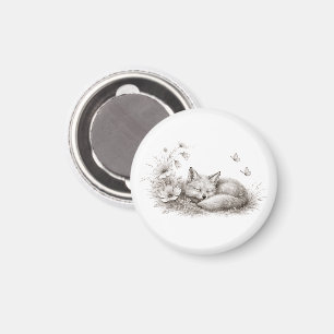 Aimant Renard endormi en fleurs, Douce forêt monochrome e