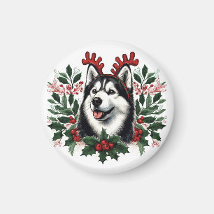Aimant Rennes de fête Sibérie Husky Chien Noël