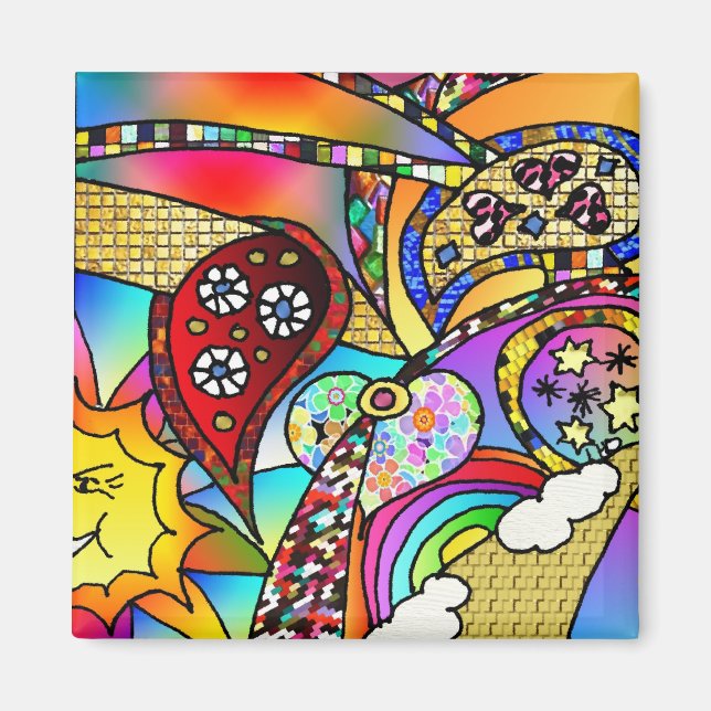 Aimant Retro 60s Coeurs psychédéliques Paisley Cadeaux Vê (Devant)