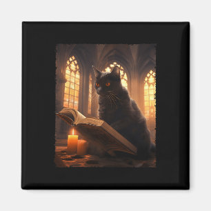 Aimant Retro Livre de lecture de chat noir Vintage Hallow