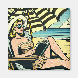 Aimant Retro Pop Art Lady sur la plage