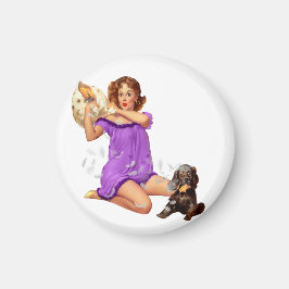 Aimant Retro Vintage Coussin combat Pinup Girl avec chiot