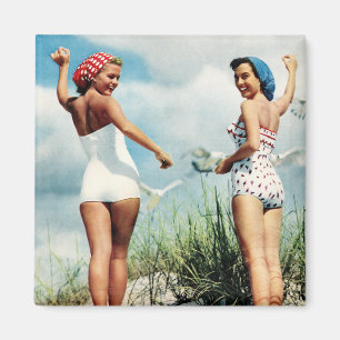 Aimant Rétros filles surfantes vintages de plage des