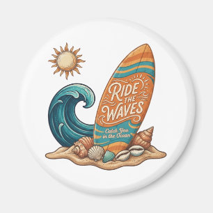Aimant Ride the Waves Surfboard Illustration - Tropical B