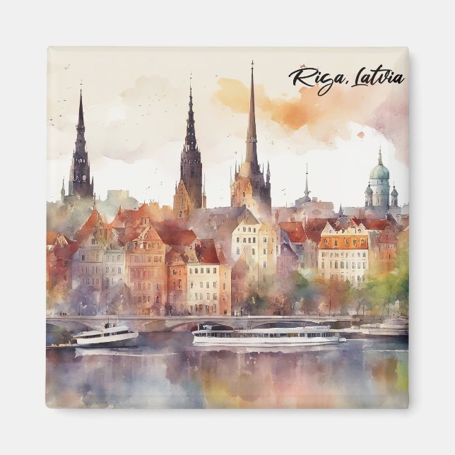 Aimant Riga Lettonie couleur aquarelle Ville Vue (Devant)