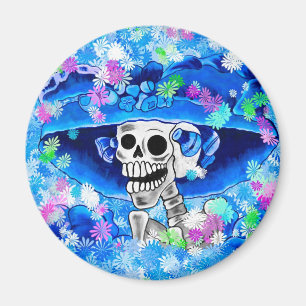Aimant Rire Skeleton Woman dans Blue Bonnet sur Blue