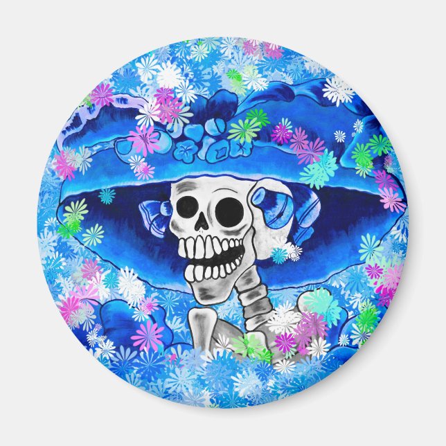 Aimant Rire Skeleton Woman dans Blue Bonnet sur Blue (Devant)