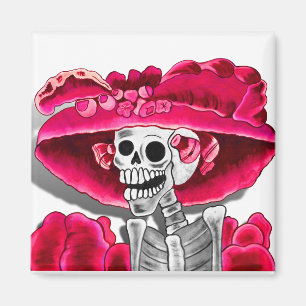 Aimant Rire Skeleton Woman dans Red Bonnet