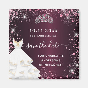 Aimant Robe rose bordeaux Quinceanera enregistrer la date