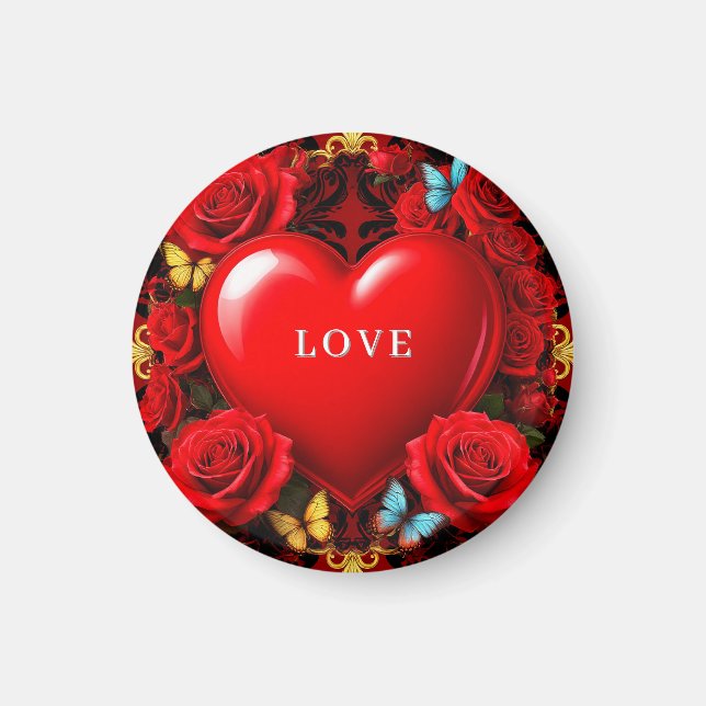 Aimant Romantic Red Heart Framed by Roses and Butterflies (Devant)