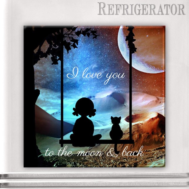 Aimant Romantique Kitty Moonlight Lonet (Magnet featuring a little girl and her kitty on a swing overlooking a fantasy landscape with moon)