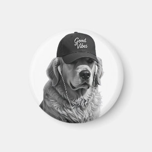 Aimant Rond Rétro Golden Retriever Vibes Positives