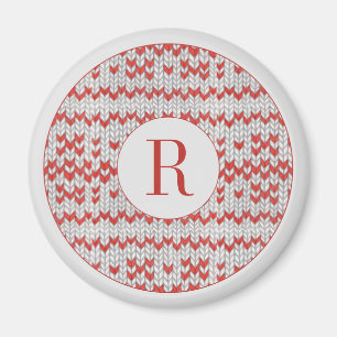 Aimant rond tricot nordique ROUGE + Initiale