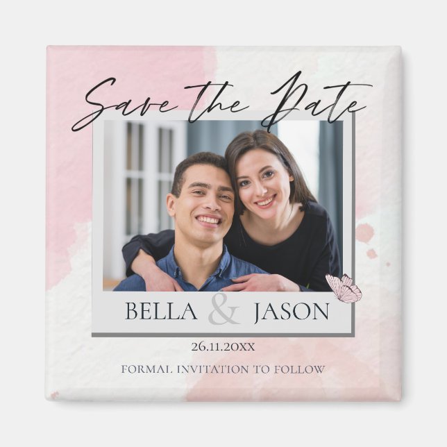 Aimant Rose Aquarelle Papillon Mariage Enregistrer La Dat (Devant)