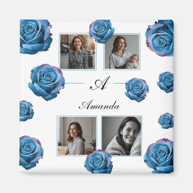 Aimant Rose bleu moderne Monogramme Photo Collage Personn (Devant)