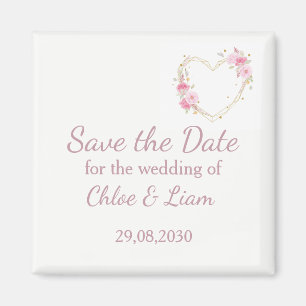 Aimant Rose d'aquarelle Coeur floral rose Sauvez la date