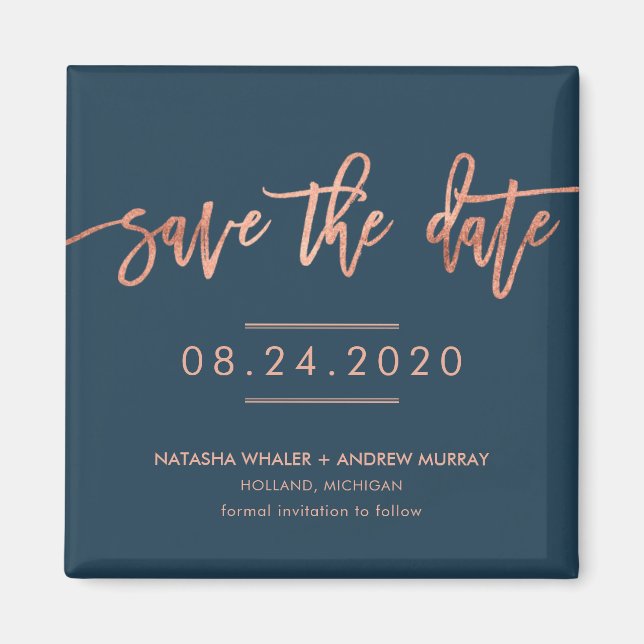 Aimant Rose Gold et Marine Enregistrer la date Mariage Ma (Devant)