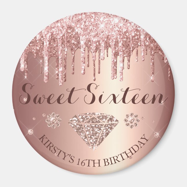 Aimant Rose Gold Glitter Drip Diamond Sweet Sixteen (Devant)