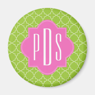 Aimant Rose + Monogramme vert de Quatrefoil