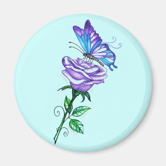 Aimant Rose pourpre avec papillon (Devant)
