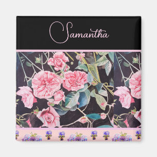 Aimant Rose rose roseau aquarelle vintage personnalisable