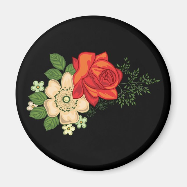 Aimant Rose rouge et marguerites sur fond noir (Devant)