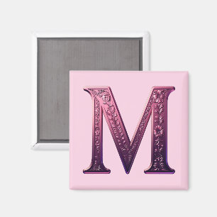 Aimant Rosemaling Métallisé Moderne Lettre M, Rose/Violet