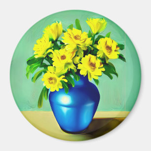 Aimant Roses jaunes dans un Vase bleu Boho Art