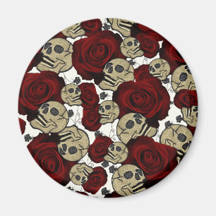 Aimant Roses Rouges & Crânes Floral Noir Gothique Blanc