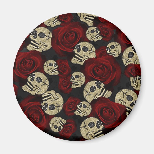 Aimant Roses rouges et crânes gris noir floral gothique (Devant)
