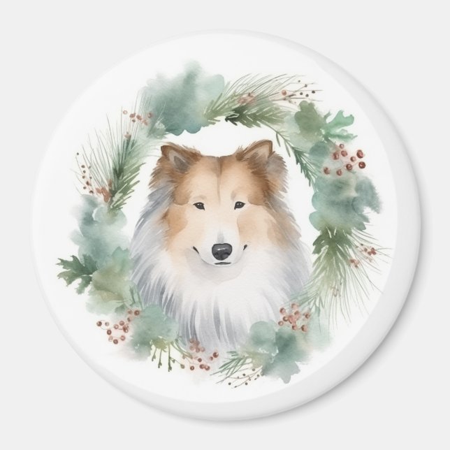 Aimant Rough Collie Christmas Wreath Festive Pup (Devant)