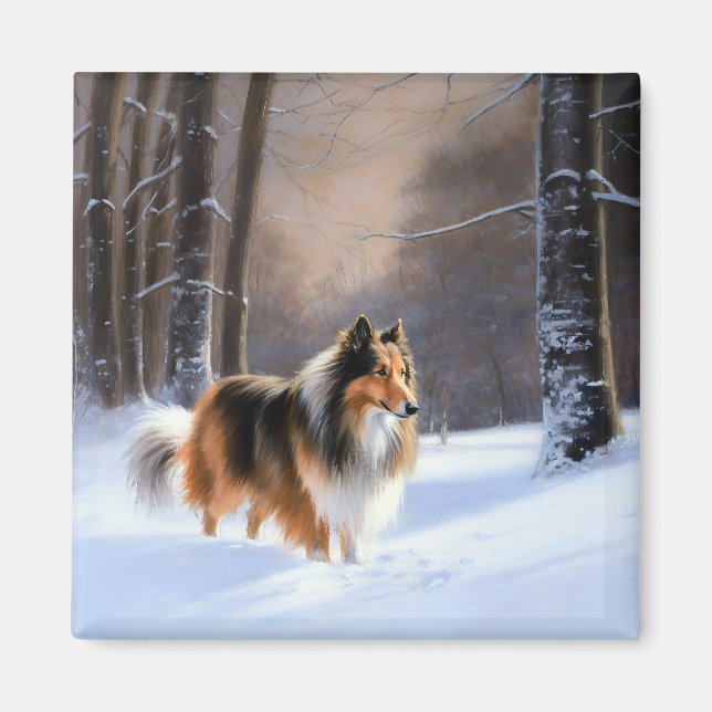 Aimant Rough Collie Laisser Neige Noël (Devant)
