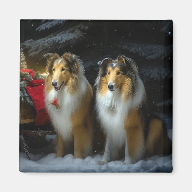 Aimant Rough Collie Snowy Sleigh Décor de Noël (Devant)